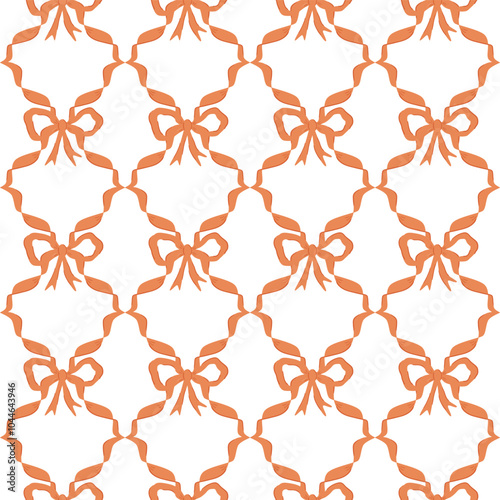 Ribbon and bows trellis seamless pattern in autumn orange color. Coquette vector wallpaper with bow knots. Hand drawn design for wallpaper, repeat background, print, textile, wrap paper.