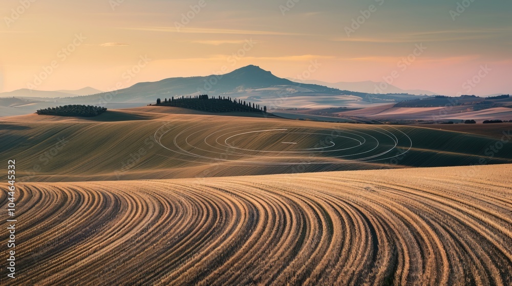 Naklejka premium Sound waves radiating across a serene landscape, symbolizing the interconnectedness and harmony of natural and auditory elements.
