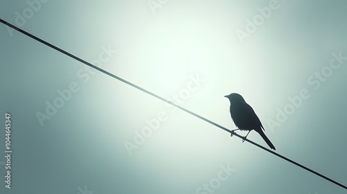 143. A worm's-eye view of a lone bird perched on a narrow antenna, with the bright sky providing a clean background