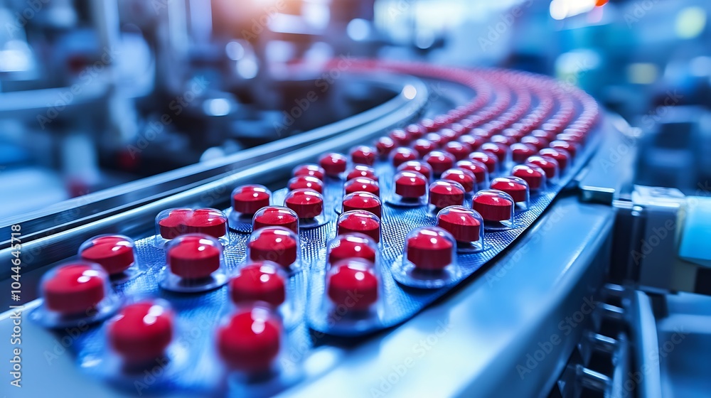Production line of medical pills and drugs in a high technology factory, science and detailed doses of medicine, healthcare and pharmacy Production line of medical pills and drugs in a high technology factory, science and detailed doses of medicine, healthcare and pharmacy