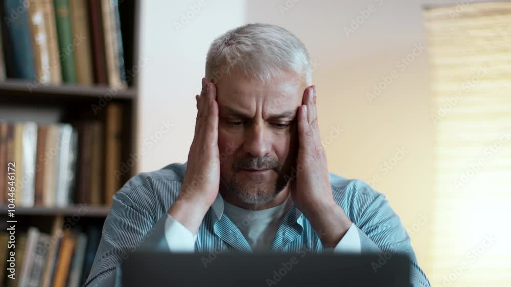 A senior man focuses on his laptop while seated in a cozy room filled with books and warm light, have online course