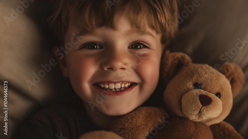 Bedtime Bliss: A Heartwarming Portrait of Pure Happiness as a Young Boy Snuggles with His Beloved Teddy Bear, His Radiant Smile Capturing the Magic of Childhood Comfort photo