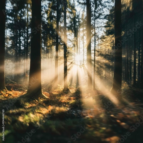 Blurred forest background with sunbeams