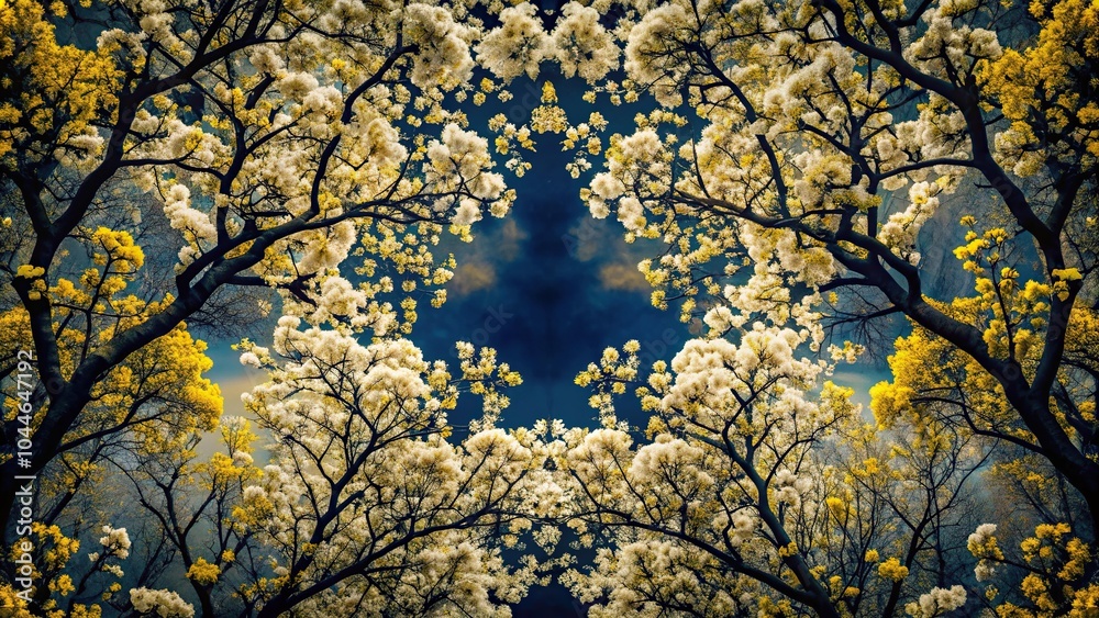 Symmetrical dark tree branches with yellow leaves and white flowers Symmetrical dark tree branches with yellow leaves and white flowers