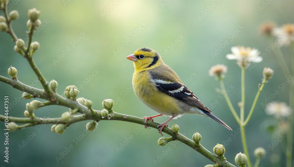 A vivid goldfinch with intricate wing patterns perches on a fresh green branch adorned with light green buds, posing against a soft-focused natural background featuring a dreamy blur of wildflowers A vivid goldfinch with intricate wing patterns perches on a fresh green branch adorned with light green buds, posing against a soft-focused natural background featuring a dreamy blur of wildflowers