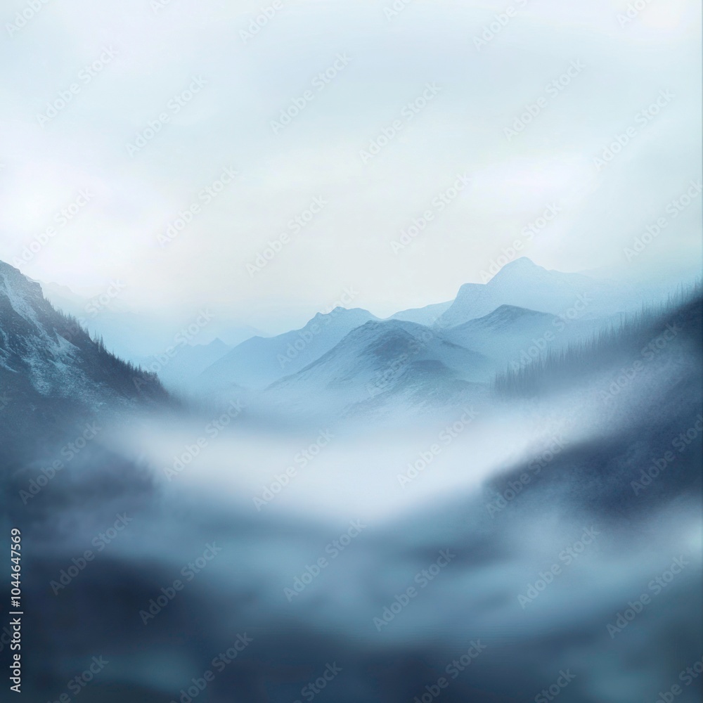 Blurred mountain landscape background with mist
