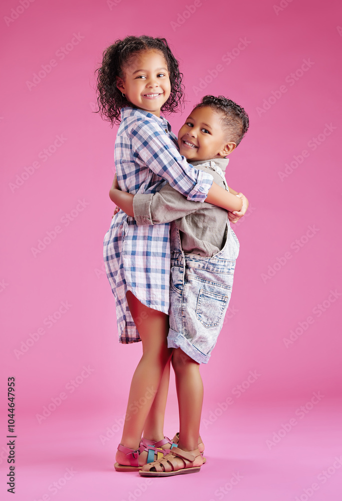 Happy, hug and portrait of children on pink background for bonding, love and cute relationship. Family, childhood and isolated brother and sister embrace for affection, care or fun together in studio Happy, hug and portrait of children on pink background for bonding, love and cute relationship. Family, childhood and isolated brother and sister embrace for affection, care or fun together in studio