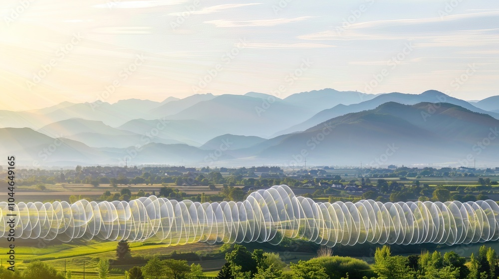 Fototapeta premium Sound waves radiating across a serene landscape, symbolizing the interconnectedness and harmony of natural and auditory elements.