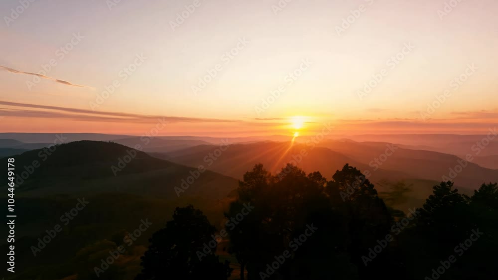 A 360-degree video with soft light, capturing a camera fly around a sunset/sunrise with golden hues, silhouettes, and a tranquil atmosphere