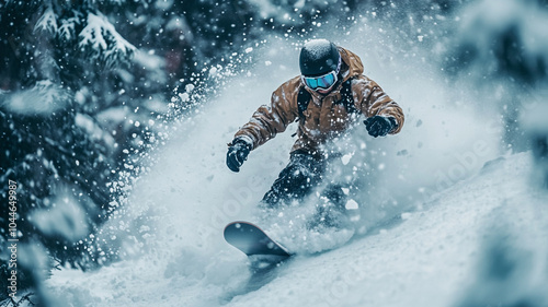 Snowboarder carving through fresh powder in a snowy forest during a winter afternoon