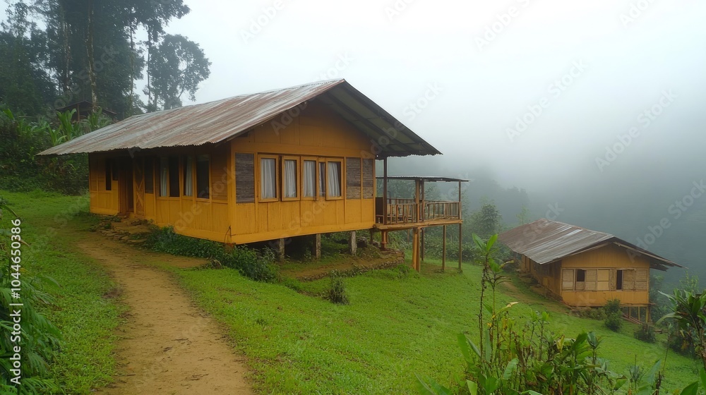 A peaceful landscape emerges as fog envelops yellow cabins on a hillside, surrounded by verdant grass and trees, creating a tranquil atmosphere A peaceful landscape emerges as fog envelops yellow cabins on a hillside, surrounded by verdant grass and trees, creating a tranquil atmosphere