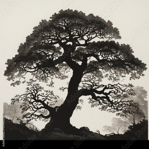 dramatic detailed silhouette of a large spreading oak tree.Tree Oak Linden Tree royalty-free stock illustration.A drawing of a tree with the word tree on it.