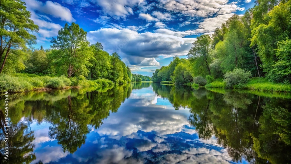 Symmetrical forest landscape around river with blue cloudy sky Symmetrical forest landscape around river with blue cloudy sky