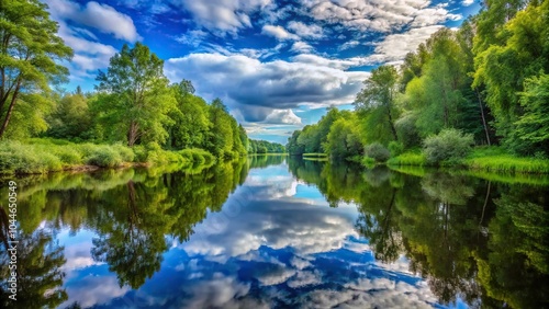 Symmetrical forest landscape around river with blue cloudy sky