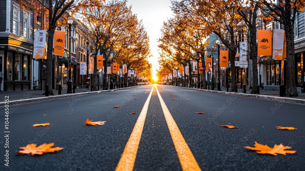 A bustling tree-lined street, decorated with voting signs and banners, the sun casting golden light on the trees, symbolizing a positive community effort