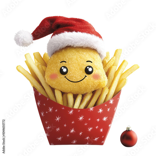 A cheerful holiday-themed food character wearing a Santa hat, nestled among crispy fries in a festive red box. photo