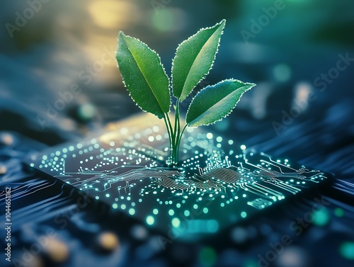 Little green sprout with fresh leaves on a high technology microchip hardware, technological modern design of computer science combined with environment and ESG concepts photo