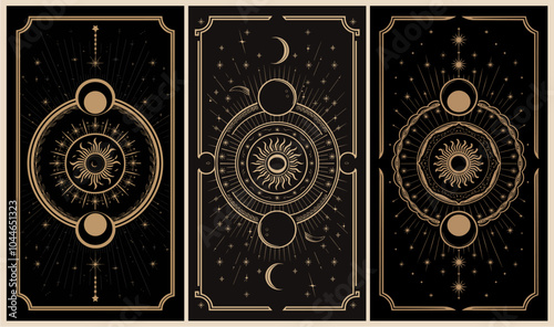 Tarot cards set. Magic mystic deck design, arcanas. Sacred esoteric symbols, occult celestial spiritual signs, patterns. Divination taro pack. Hand drawn vector gold line art on black background.