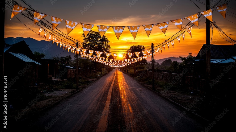 Fototapeta premium A community road decorated with flags and campaign posters, voters heading to the polls in the morning light, highlighting the peaceful exercise of democracy