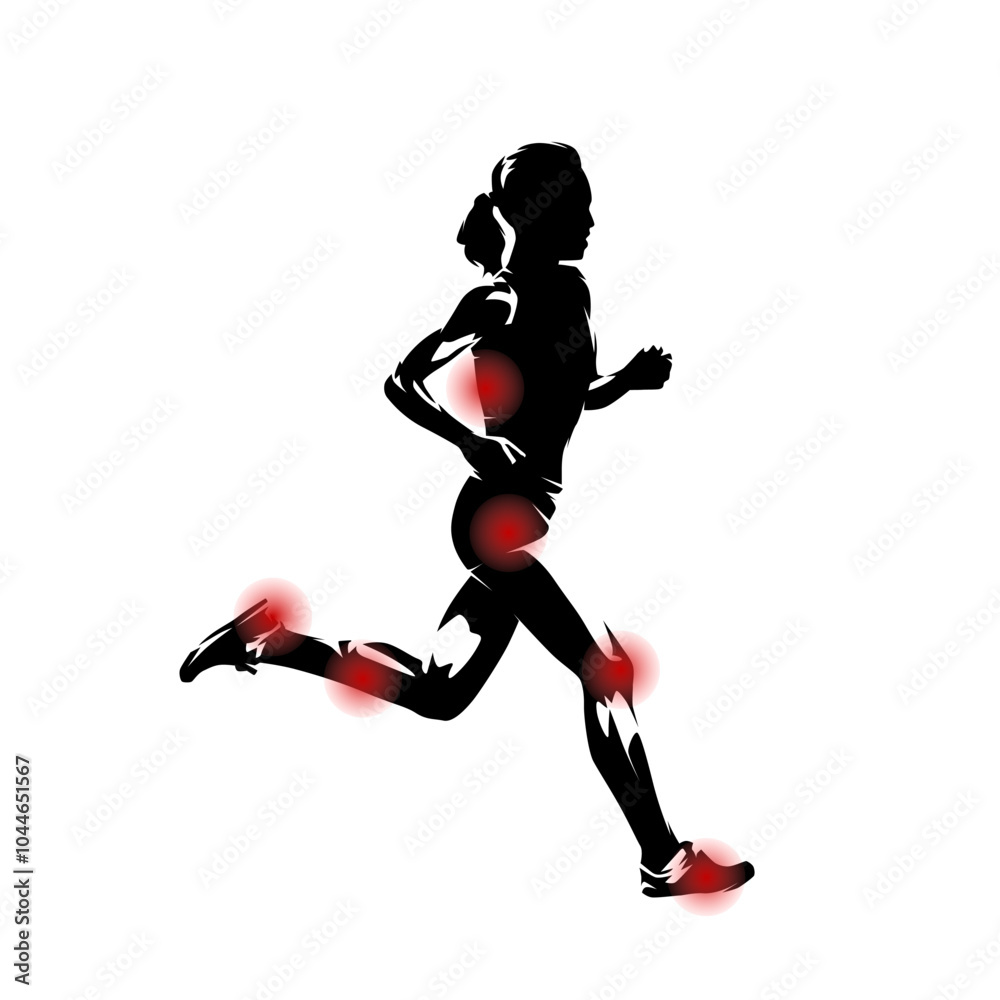 Injuries and pain when running. Health problems of athletes. The figure of a running woman with frequent health problems highlighted