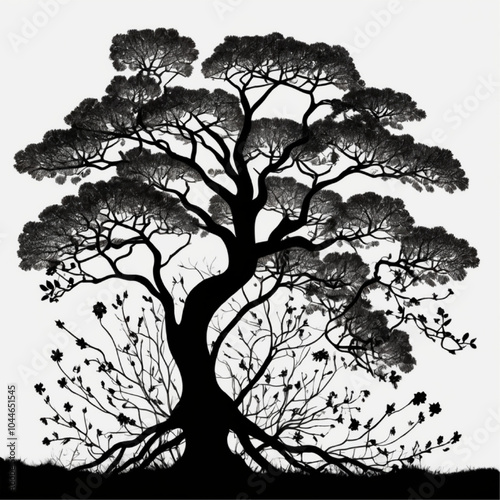 dramatic detailed silhouette of a large spreading oak tree.Tree Oak Linden Tree royalty-free stock illustration.A drawing of a tree with the word tree on it.