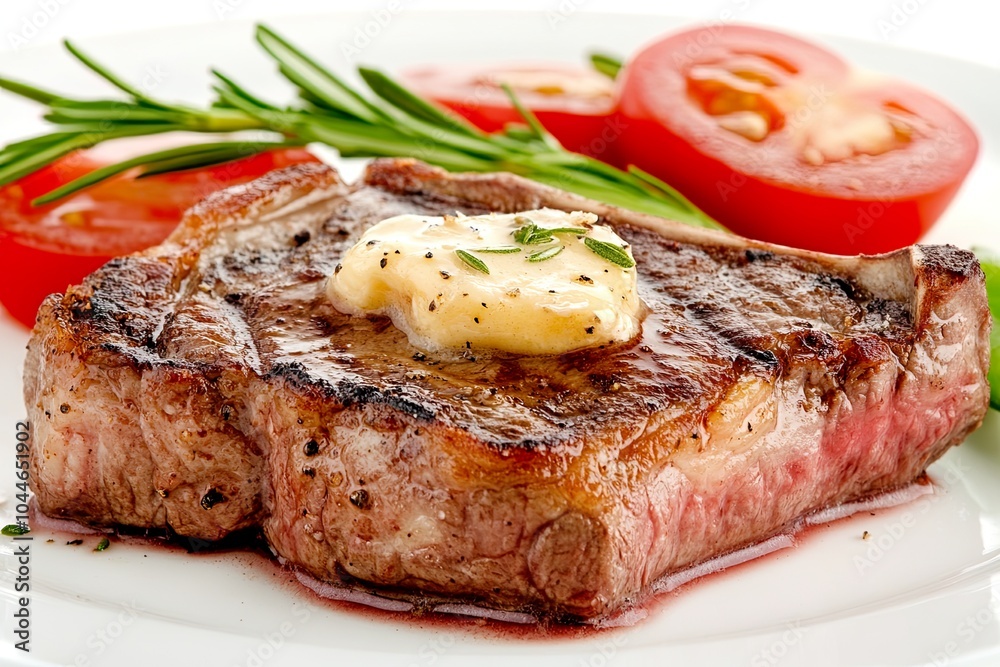 Grilled steak with butter and tomato slices. Grilled steak with butter and tomato slices.