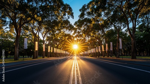 A lively boulevard with tall trees and banners encouraging voting, the sun shining down through the canopy, creating a beautiful scene of civic involvement