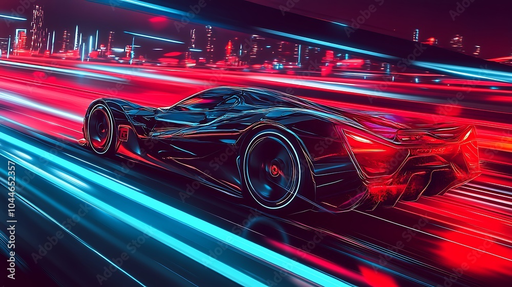 Fast moving racing car with fractal lights in city, car in motion modern design cityscape night Fast moving racing car with fractal lights in city, car in motion modern design cityscape night