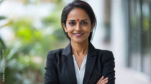 A smiling businesswoman with arms crossed. Perfect for illustrating success, confidence, and leadership in business.