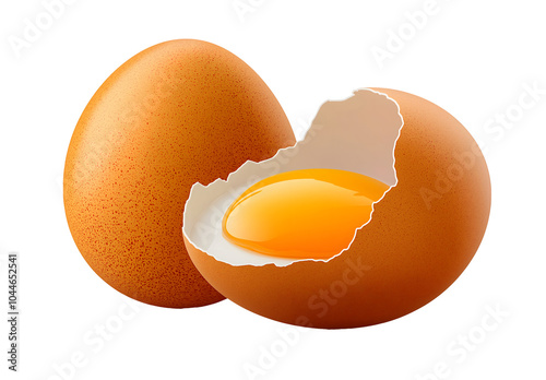 Whole and Cracked Brown Egg with Yolk on Transparent Background – Perfect for Cooking, Recipe Design, and Food Advertising Projects
 photo