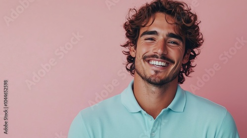 Happy Man with Curly Hair Smiling Against Pink Background