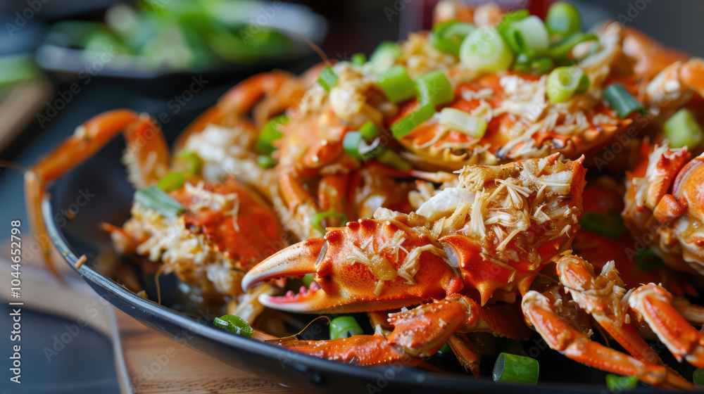 Deliciously prepared crabs topped with fresh green onions, showcasing vibrant seafood dish that is perfect for sharing and enjoying with friends and family Deliciously prepared crabs topped with fresh green onions, showcasing vibrant seafood dish that is perfect for sharing and enjoying with friends and family