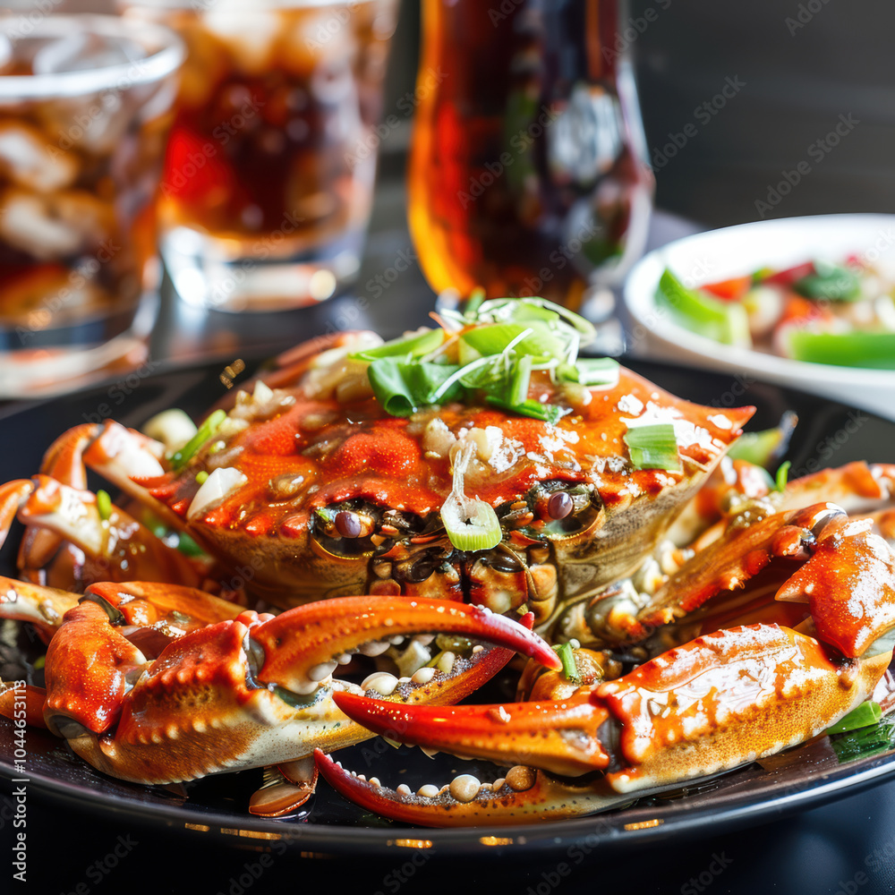 Delicious crab dish served with vibrant sauce and garnished with green onions, accompanied by refreshing drinks. perfect meal for seafood lovers! Delicious crab dish served with vibrant sauce and garnished with green onions, accompanied by refreshing drinks. perfect meal for seafood lovers!