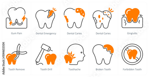 A set of 10 dental care icons as gum pain, dental emergency, dental caries