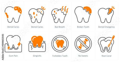 A set of 10 dental care icons as dental caries, bad breath, broken tooth