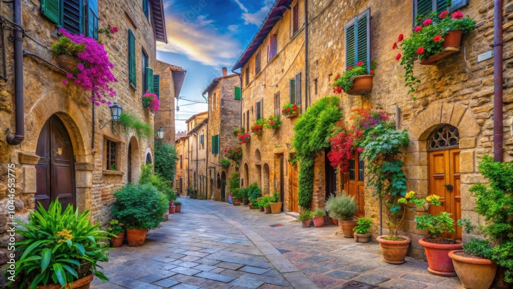 Fototapeta premium Vibrant and colorful street with historic buildings in Pienza, Tuscany, Italy, Pienza, Tuscany, Italy, colorful