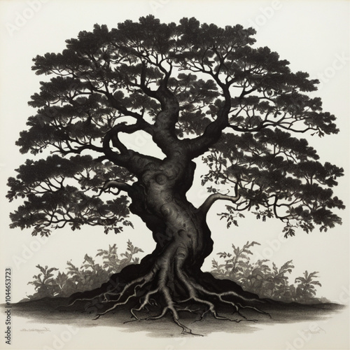 dramatic detailed silhouette of a large spreading oak tree.Tree Oak Linden Tree royalty-free stock illustration.A drawing of a tree with the word tree on it.