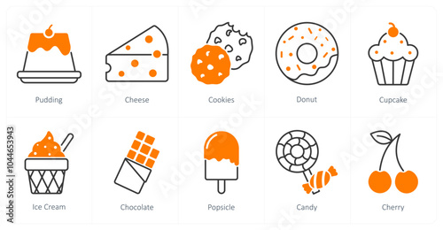 A set of 10 food and drink icons as pudding, cheese, cookies