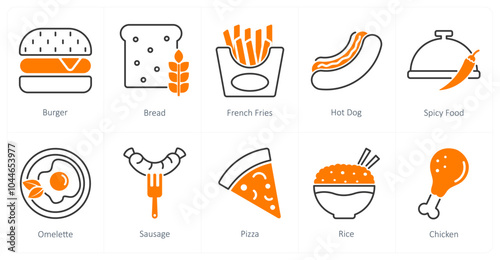 A set of 10 food and drink icons as burger, bread, french fries