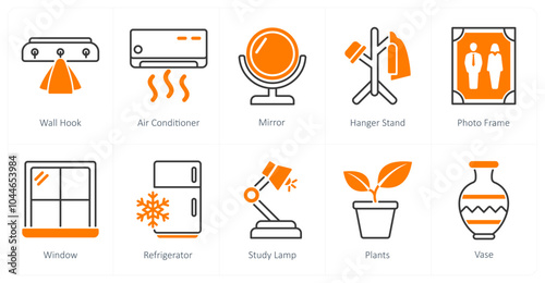 A set of 10 furniture icons as wall hook, air conditioner, mirror