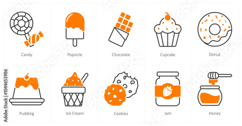 A set of 10 food and drink icons as candy, popsicle, chocolate