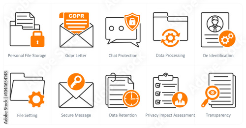 A set of 10 gdpr icons as personal file storage, gdpr letter, chat presentation