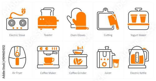 A set of 10 home appliances icons as electric stove, toaster, oven gloves
