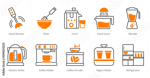 A set of 10 home appliances icons as hand blender, mixer, juicer, hand juicer