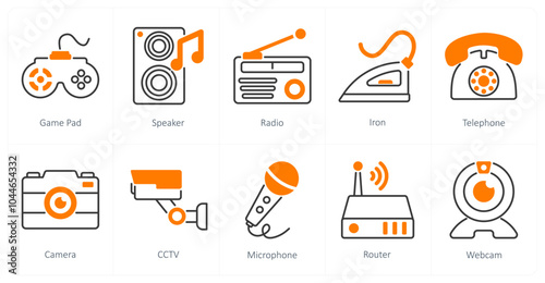 A set of 10 home appliances icons as game pad, speaker, radio