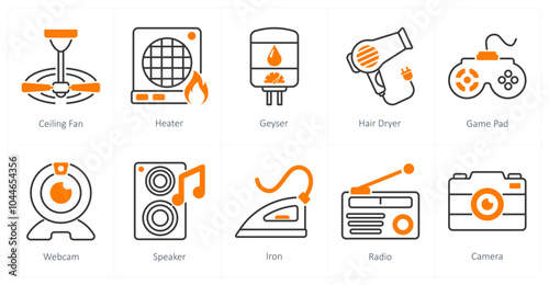 A set of 10 home appliances icons as ceiling fan, heater, geyser