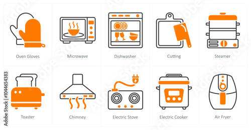 A set of 10 home appliances icons as oven gloves, microwave, dishwasher