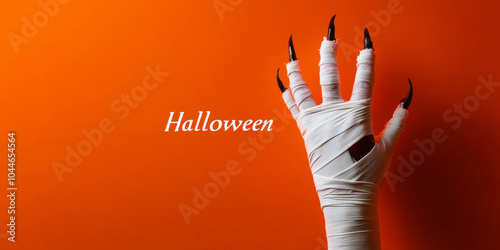 Halloween banner background with a scary hand cover with bandages like a mummy and written Halloween on orange backdrop with copy space photo