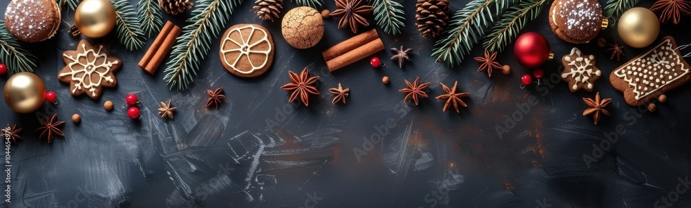 Christmas decorations on a black background with pine cones, christmas background, banner, copy space Christmas decorations on a black background with pine cones, christmas background, banner, copy space