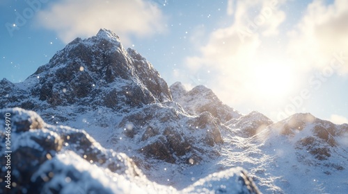 Snow falls on a majestic mountain range in the winter sunlight.